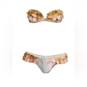 Zimmermann Floral Ruffle Bandeau Bikini in White, Gold and Pink